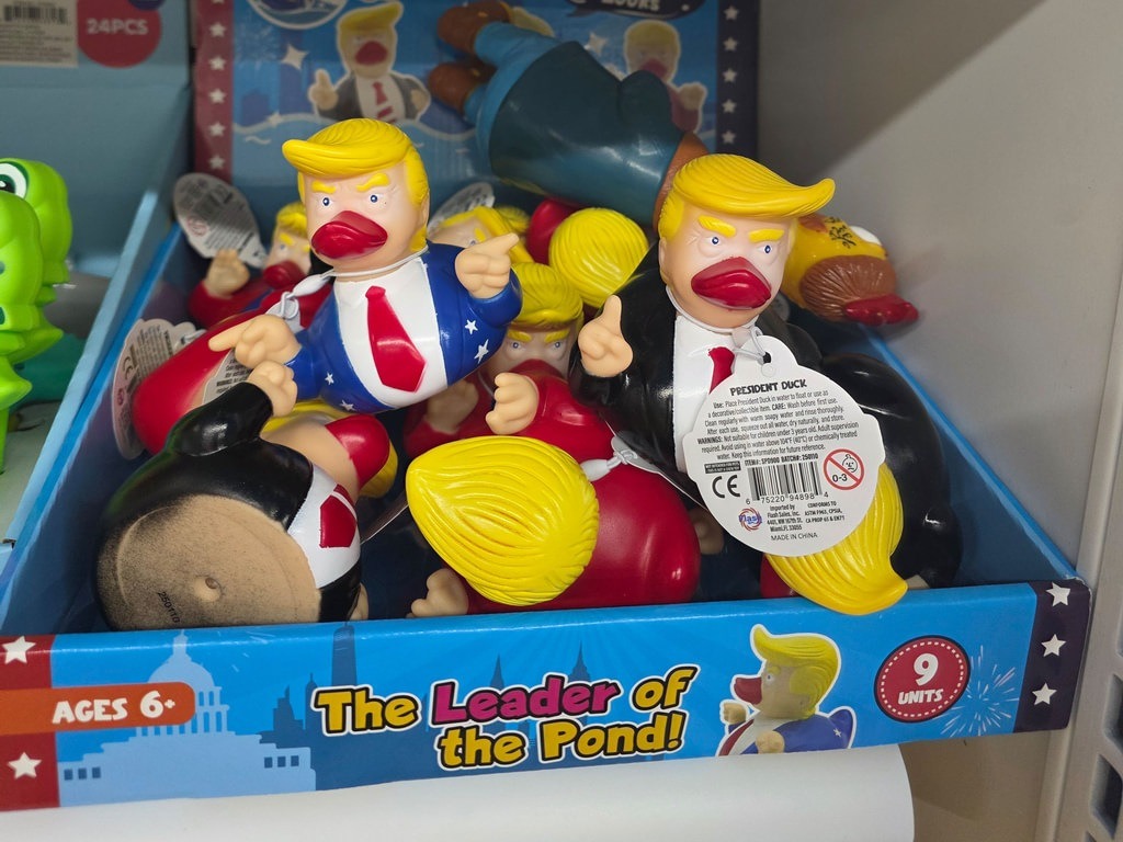 Eine blaue Schachtel mit der Aufschrift "The Leader of the Pond!" enthält mehrere Entenfiguren mit gelbem Haar und roten Schnäbeln in Anzügen