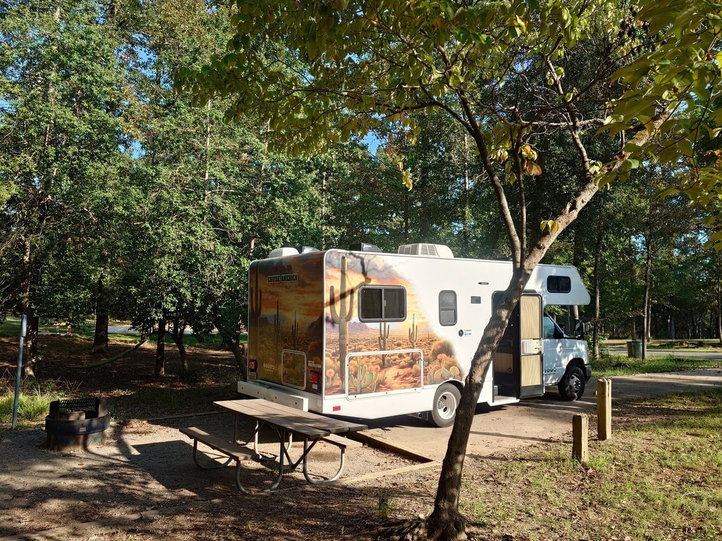 Ein weißes Wohnmobil mit einer großen Wüstenlandschaft an der Seite steht auf einem Platz. Davor stehen eine Picknickbank und ein Feuerkorb unter Bäumen