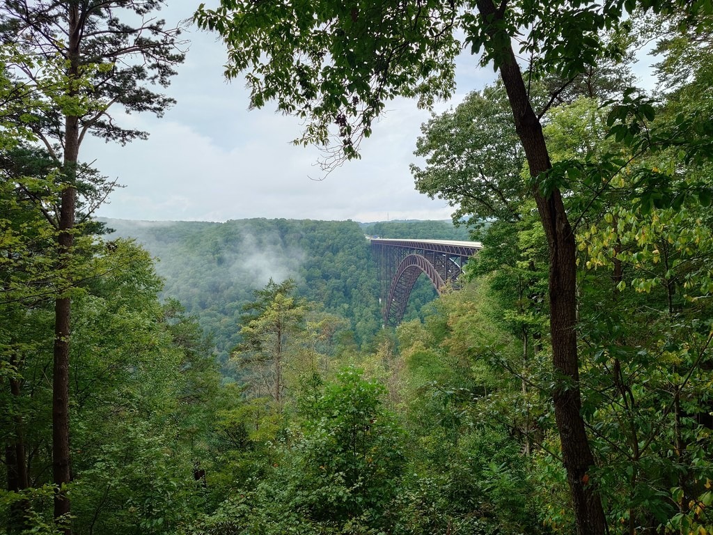 Eine massive Stahlbogenbrücke überspannt eine tiefe, waldreiche Schlucht. Grüne Bäume im Vordergrund rahmen die Szene, während im Tal leichter Nebel aufsteigt
