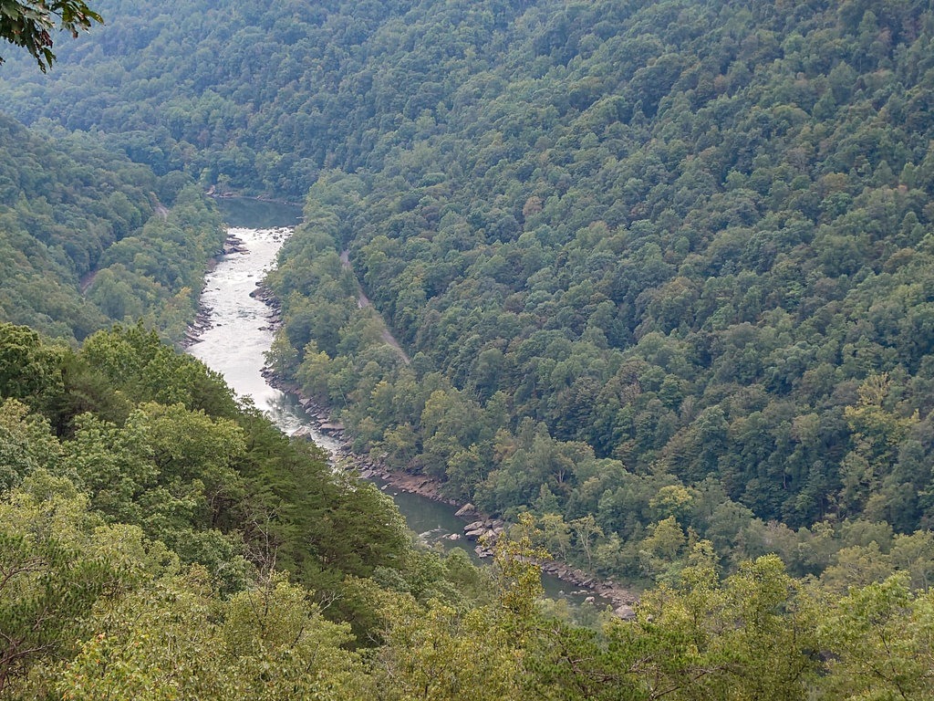 Ein Fluss durchbricht eine tiefe, dicht bewaldete Schlucht. Das Wasser stürzt an einer Stelle weiß aufschäumend hinab, während die steilen Hänge von grünen Bäumen bedeckt sind