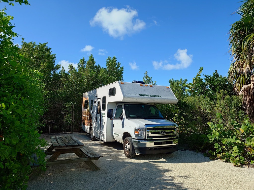 Weißes Cruise-America-Wohnmobil mit silbernem Ford-Kühlergrill und Landschafts-Aufdruck steht auf einem Schotterplatz neben einer verwitterten Holzsitzbank, umgeben von dichtem grünem Buschwerk und Palmen unter blauem Himmel mit weißen Wolken